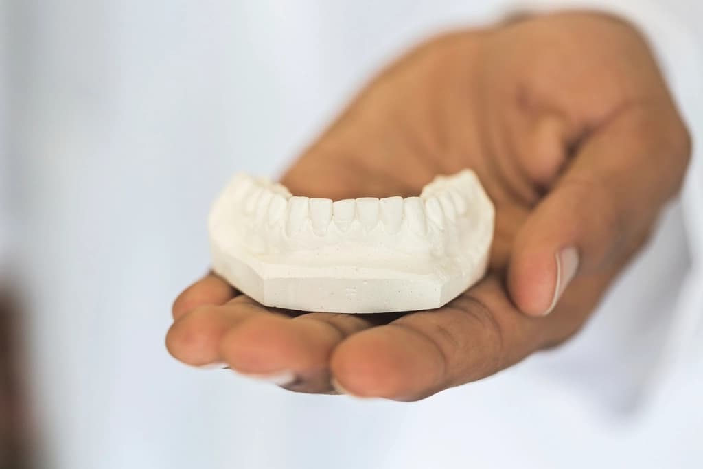 A technician holding a white dental stone working cast of a lower arch against a bright background.